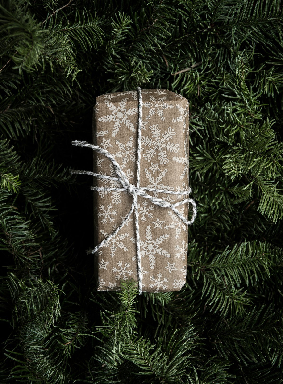 Christmas gift wrapped in brown kraft paper and twine on evergreen