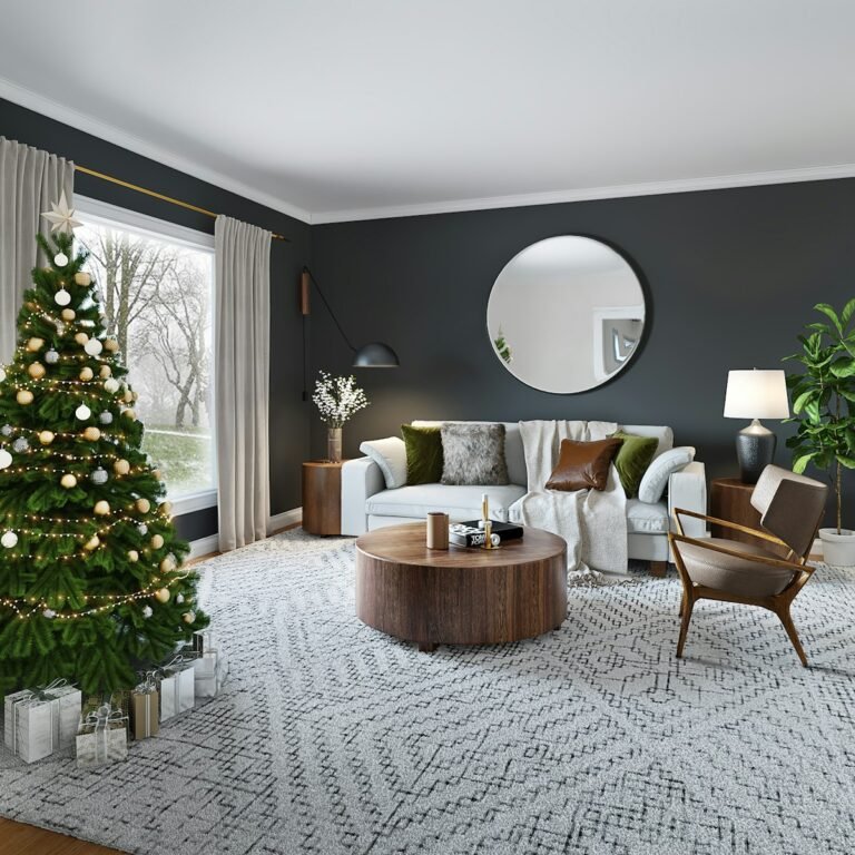 Cozy Christmas living room with tree, warm lights, and neutral furniture