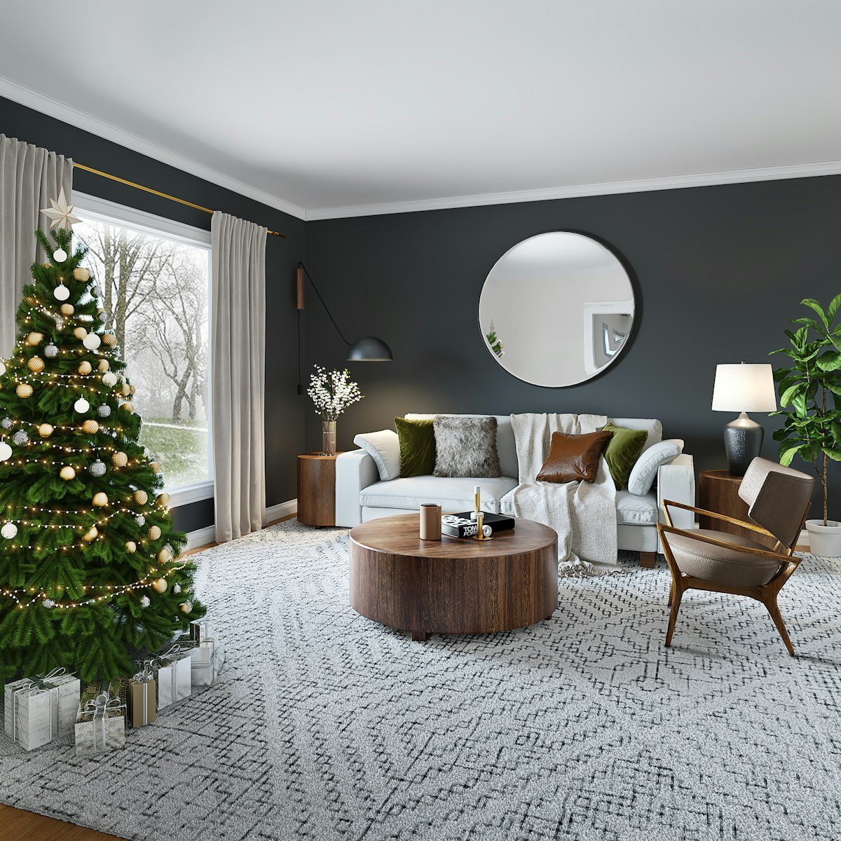Cozy Christmas living room with tree, warm lights, and neutral furniture