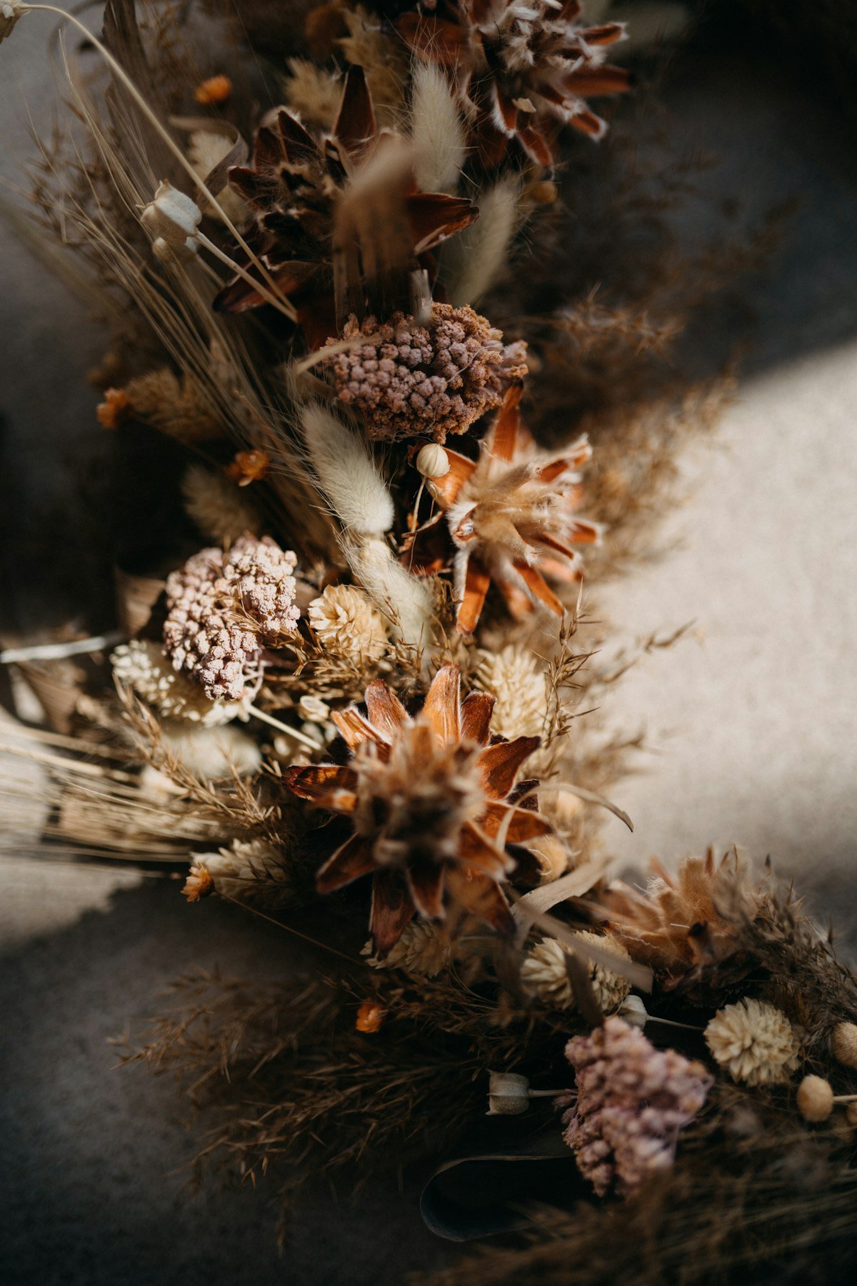 Dried flowers ready for an indoor fall wreath