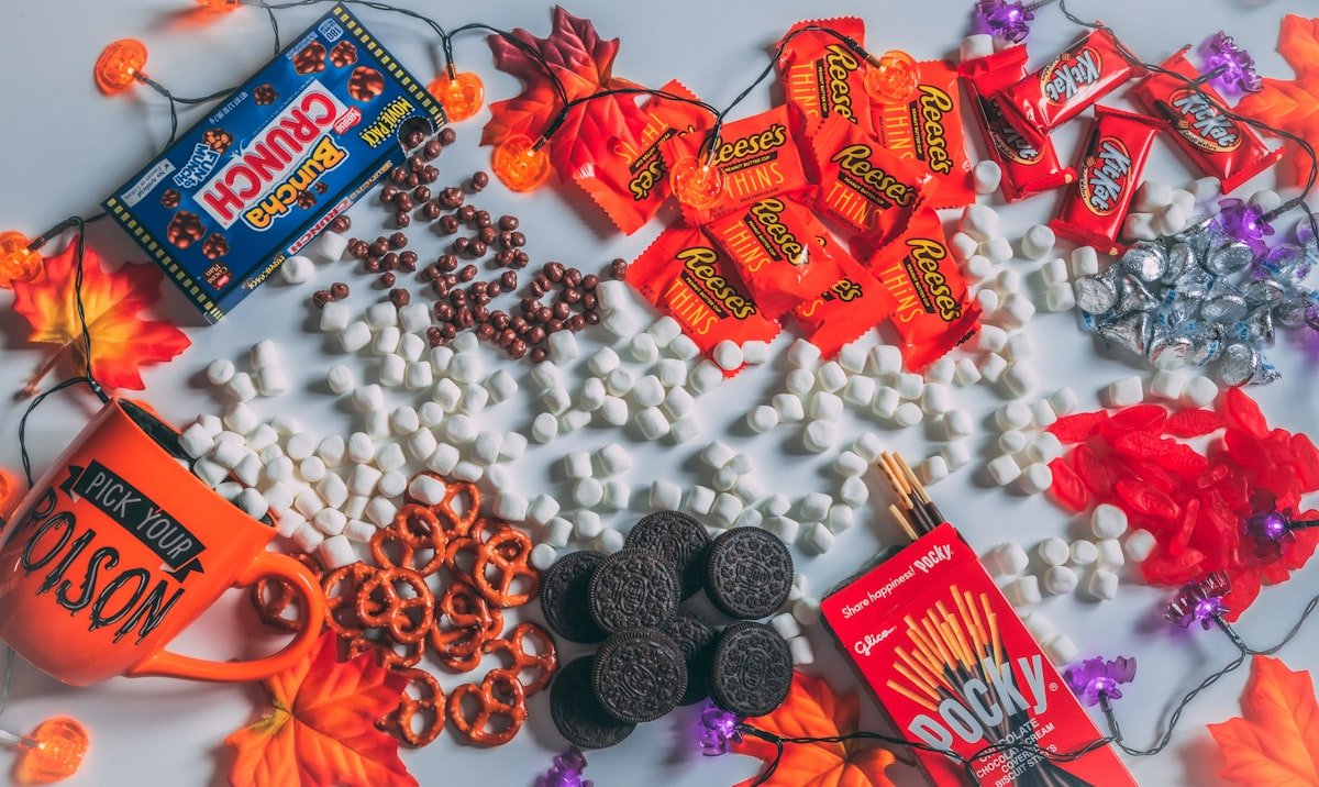 Halloween candy spread for a party candy buffet
