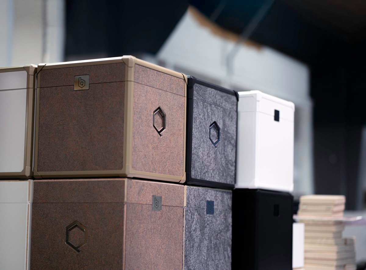 Set of matching fabric storage bins stacked and ready for labels