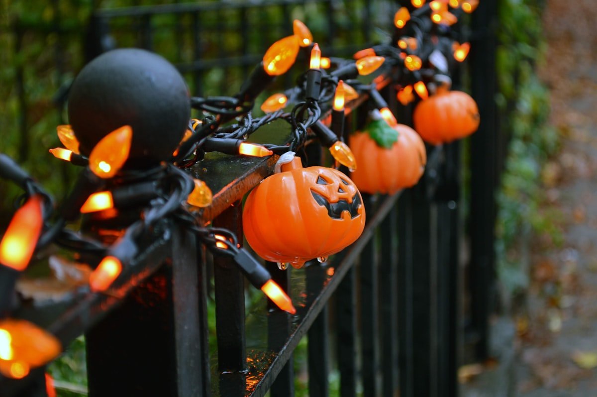 Pumpkin garland lights strung outdoors