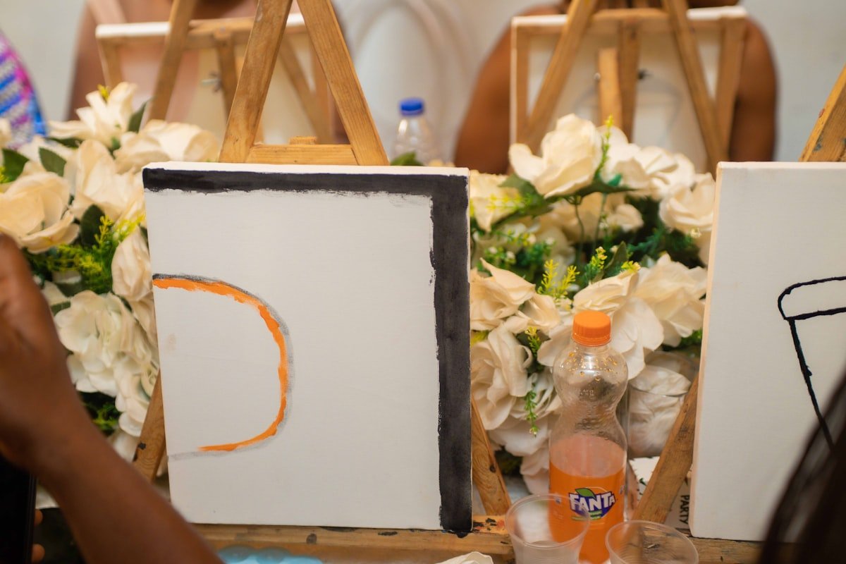 Canvas painting in progress at a paint and sip party