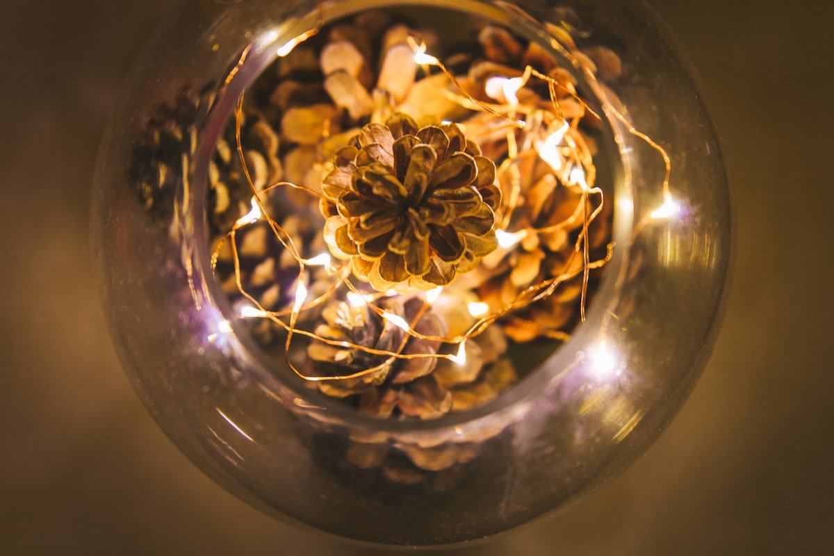 Bowl of pinecones with warm lights as fall decor