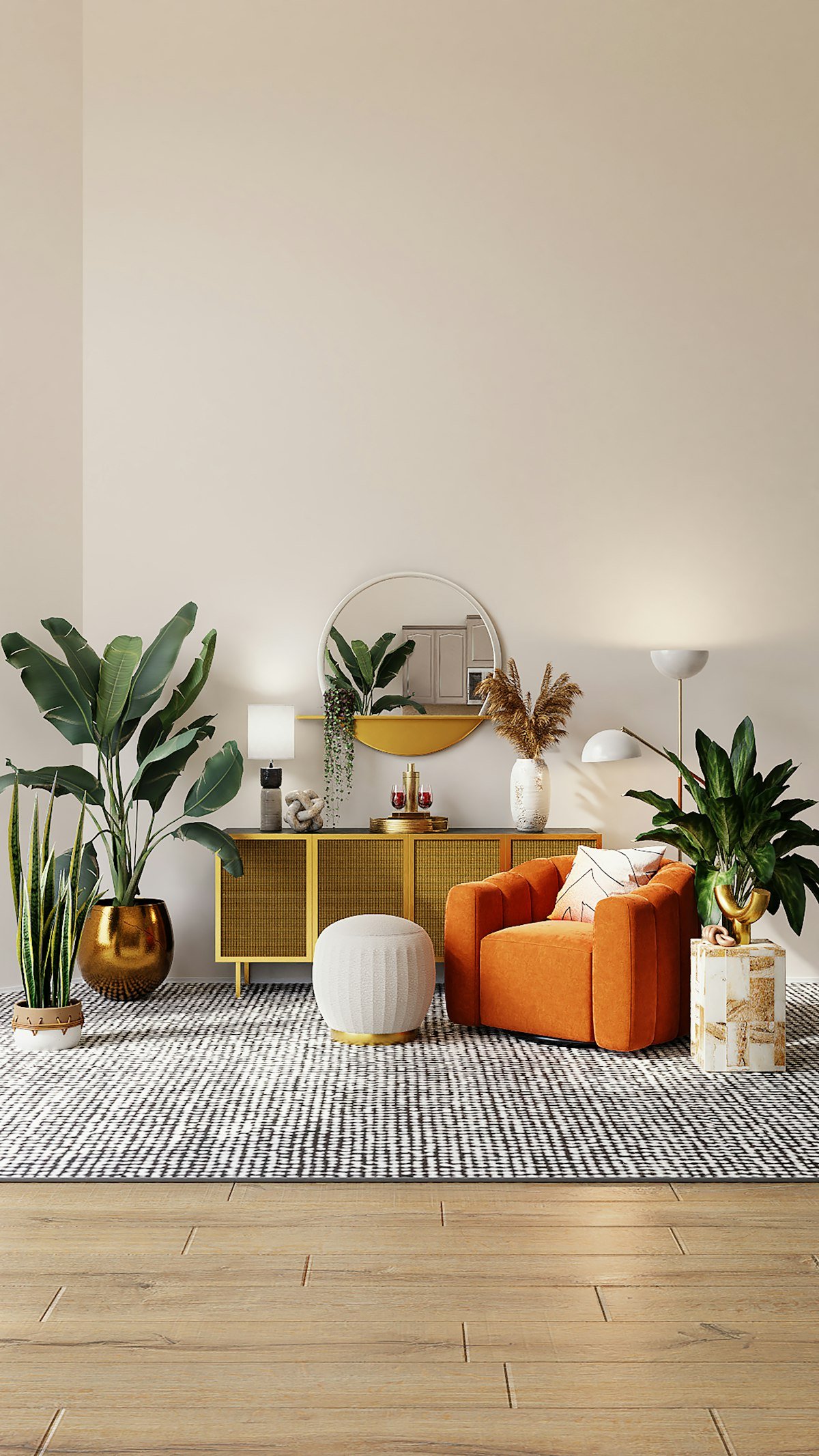 A few larger statement pieces styled with a round mirror above a sideboard