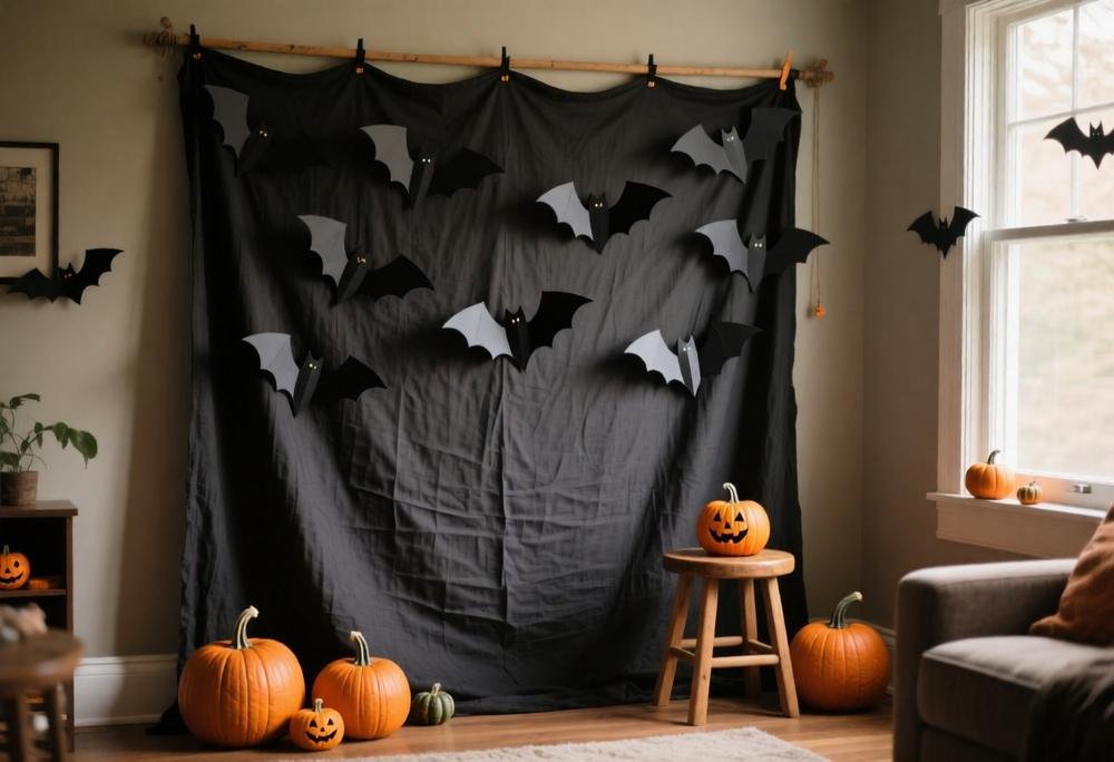 DIY Halloween photo backdrop made from dark fabric and paper bats
