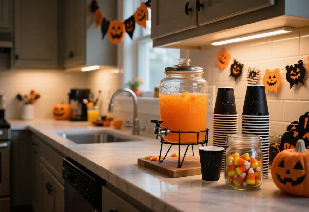 Halloween party drink station with orange punch dispenser, black cups, and a jar of candy corn