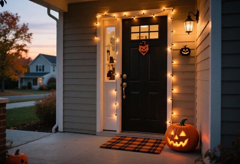 Front door decorated for a Halloween party with string lights, plaid doormat, and glowing jack-o-lantern