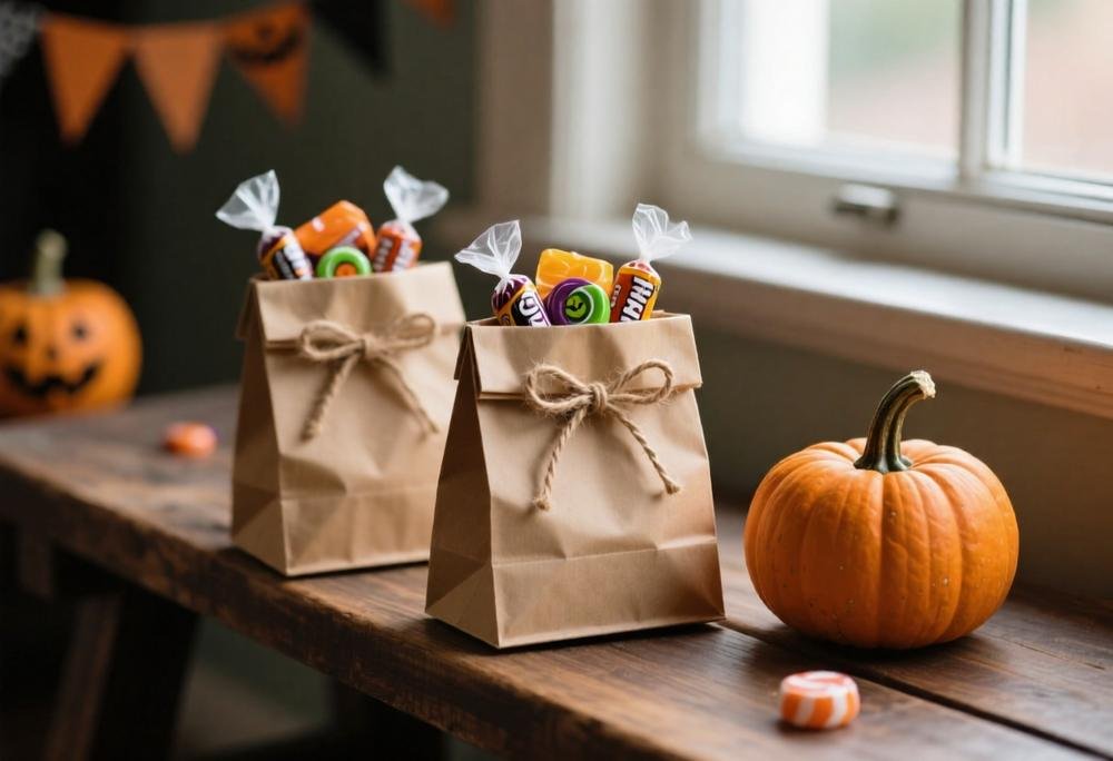 Kraft paper Halloween favor bags tied with twine and filled with candy
