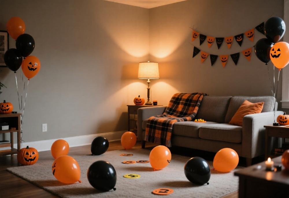 Living room corner with orange and black balloons ready for Halloween party games
