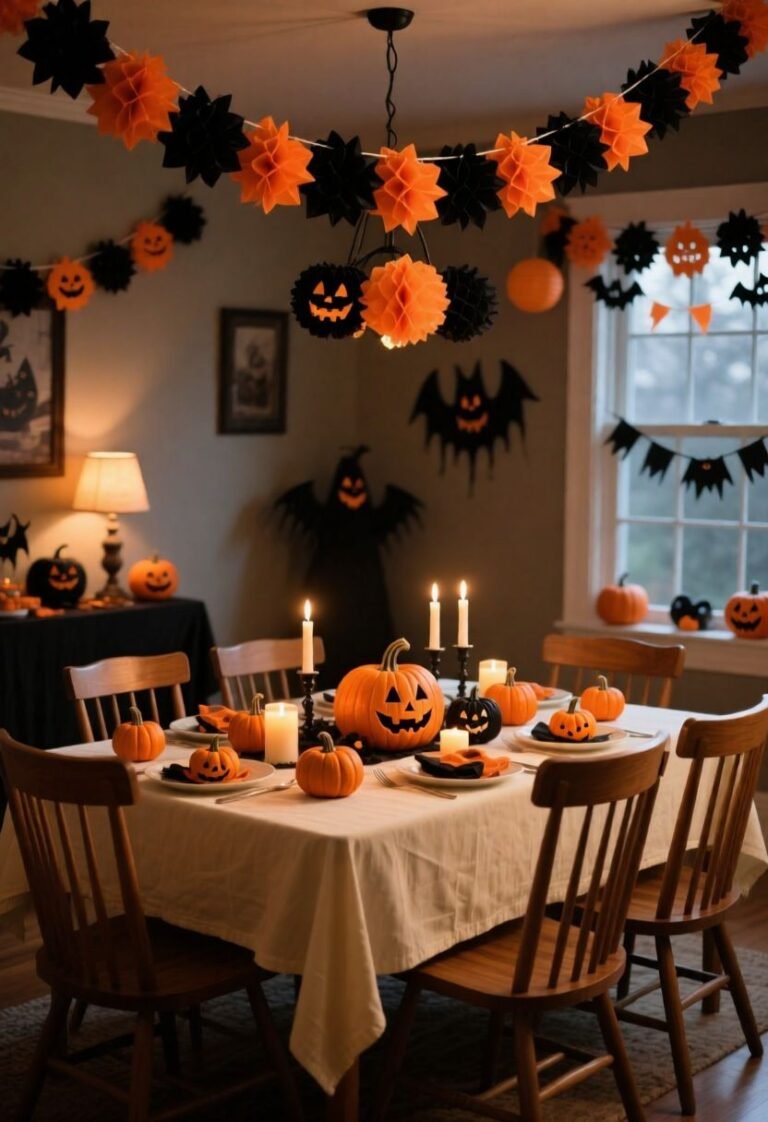 Dining table set for a spooky-cute family Halloween party with pumpkins, candles, and paper garland