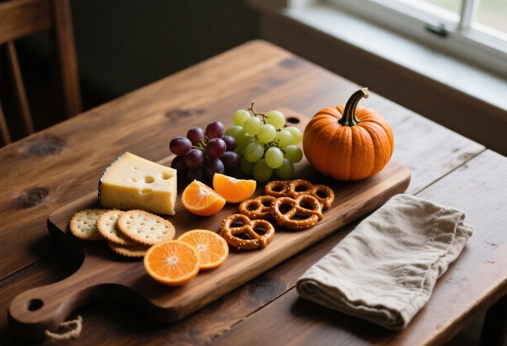 Halloween snack board with cheese, crackers, grapes, mandarin oranges, and pretzels