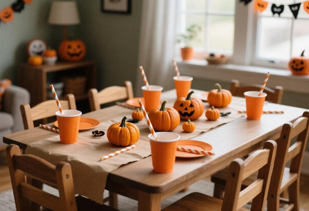 Kids' Halloween party table with orange cups, striped straws, and mini pumpkins on a kraft paper runner