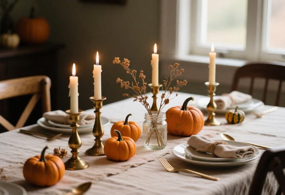 Simple Friendsgiving centerpiece with brass candlesticks, mini pumpkins, and dried flowers in a jar