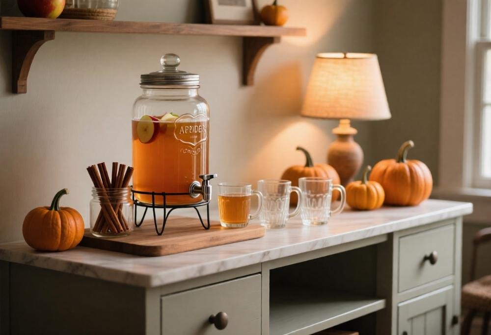 Apple cider station on a sideboard with a glass drink dispenser, cinnamon sticks, and mini pumpkins