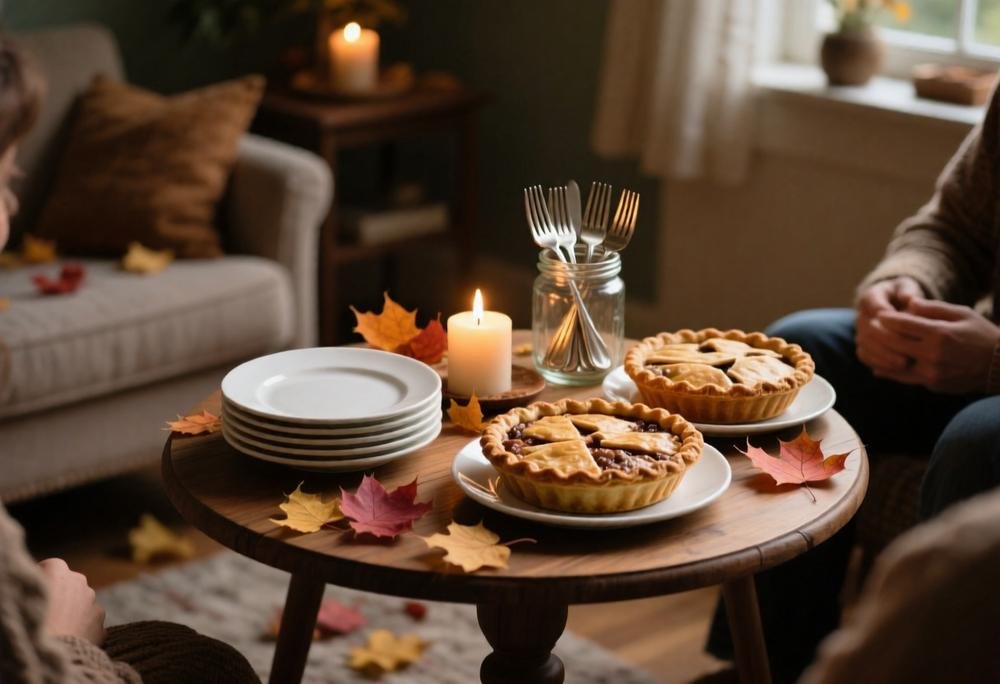 Friendsgiving dessert table with two lattice pies, stacked plates, and a jar of forks