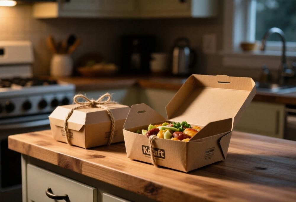 Kraft takeout boxes packed with Friendsgiving leftovers on a wooden kitchen counter