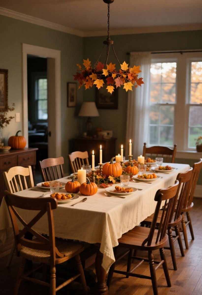 Long Friendsgiving dinner table with cream tablecloth, pumpkins, candles, and a fall leaf chandelier