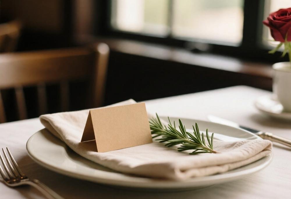 Blank kraft paper name card with a sprig of rosemary on a linen napkin