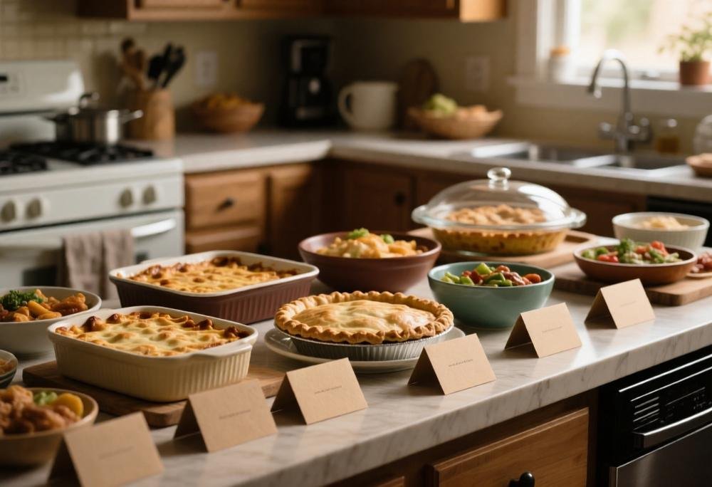Friendsgiving potluck spread on a kitchen counter with casseroles, pie, and kraft paper label cards