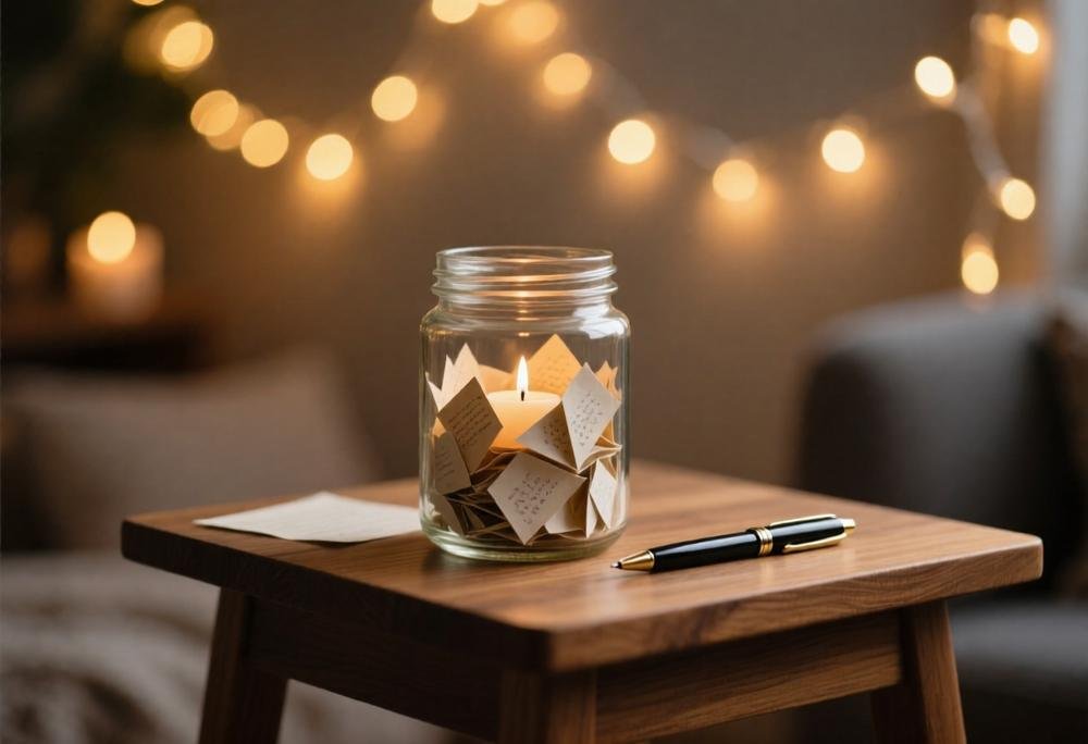 Gratitude jar filled with folded paper notes next to a pen and twinkle lights